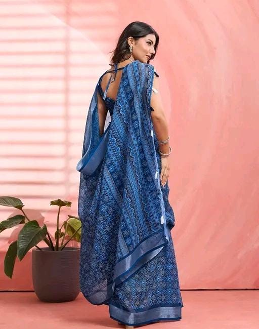 Women fancy blue linen printed saree