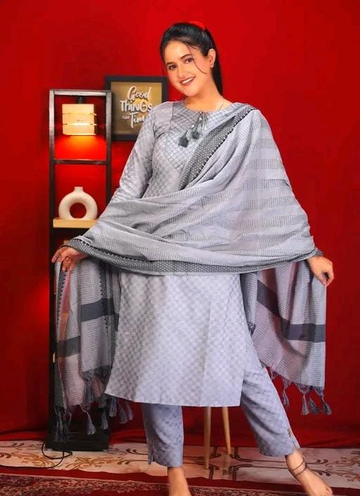 Embroidered cotton kurta pant dupatta