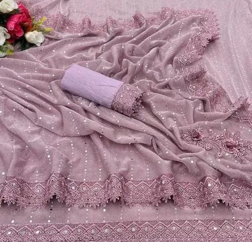 Women fancy shimmer saree with mirror work andvchemical lace