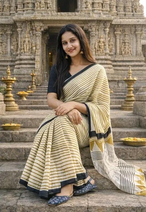 Hand block printed foft cotton mulmul printed saree witj blouse