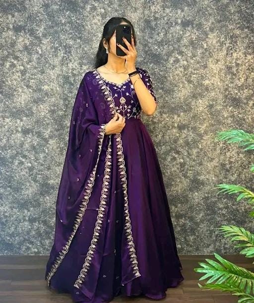 Women fancy silk anarkali gown with dupatta set