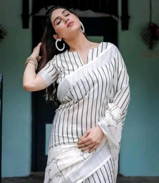Women cotton linen saree white