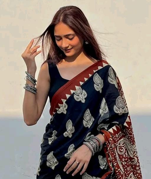 Women fancy soft cotton hand printed saree