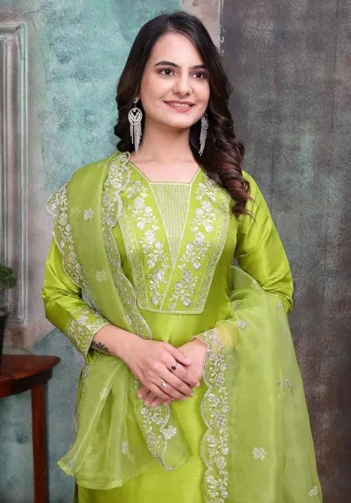 Rayon slub embroidered kurta set with dupatta