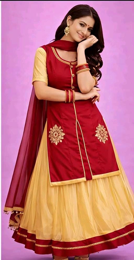 Women maroon & cream lehenga kurti with dupatta