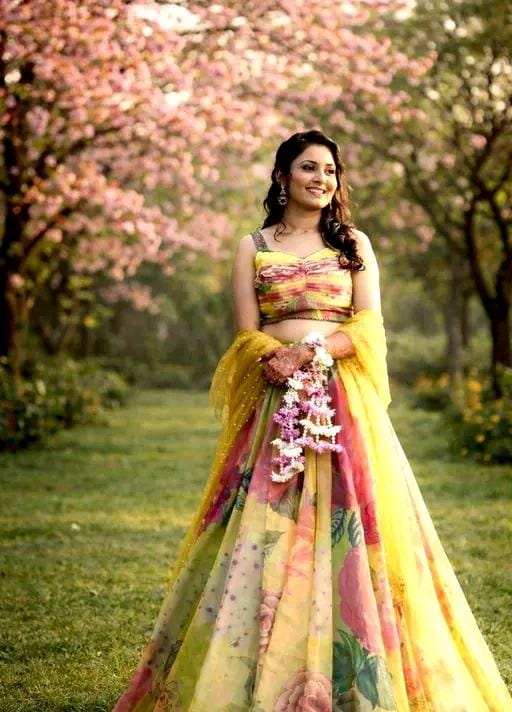 Modern womens printed semi haldi yellow colour lehenga
