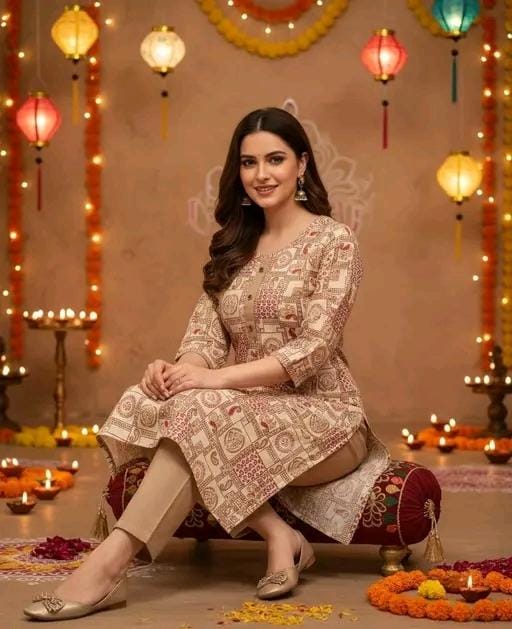 Jaipuri golden check print kurti for women