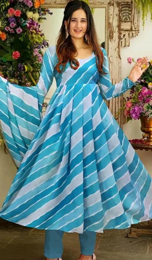 Sky blue & white leheriya print anarkali suit with dupatta