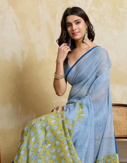 Women light blue cotton blend geomatric printed saree