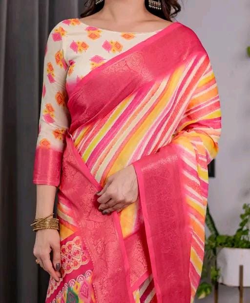 Handloom linen printed saree with zari border
