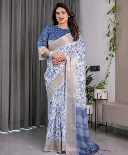 Designer hadloom linen saree with floral design and zari work
