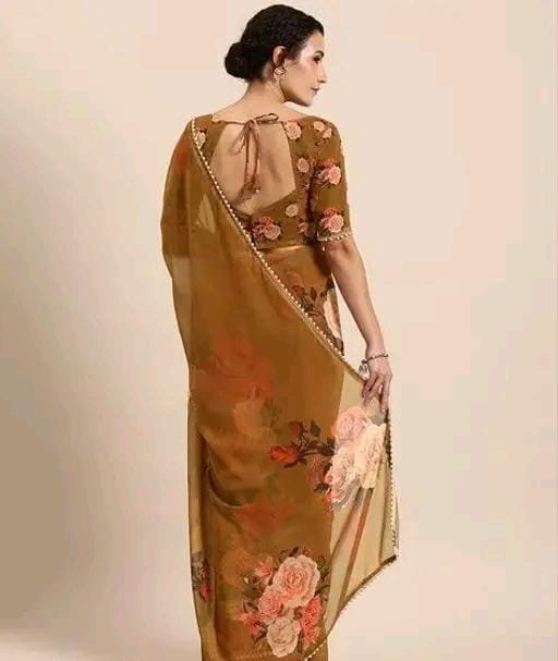 Print georgette saree with pearl lace border and matching blouse