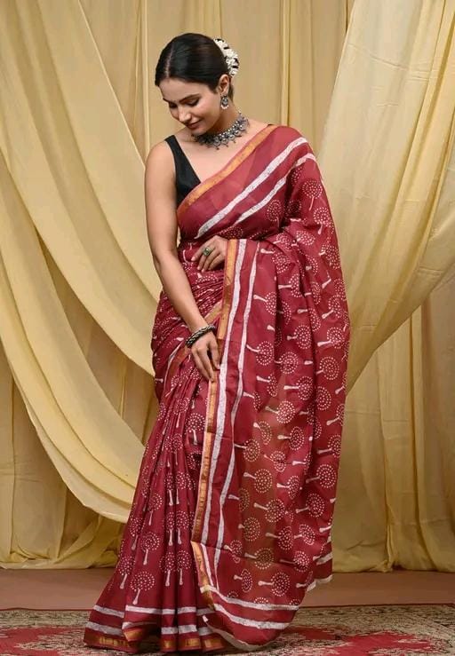 Jaipuri hand block printed soft cotton saree