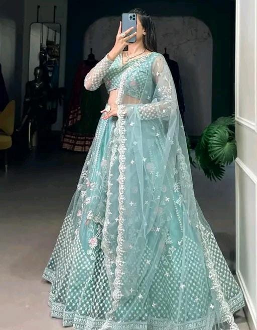 Thread work semi stitched lehenga with blouse stitched with dupatta