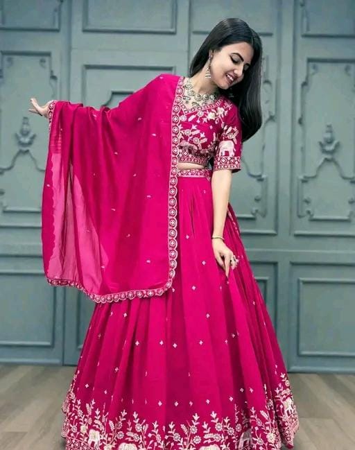 Embroidered riund neck semi stitched lehega & blouse with dupatta