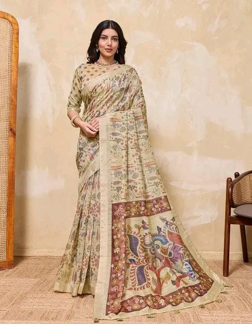 Fancy women print printed silk saree with blouse