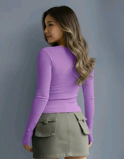 Casual polyester blend round neck with buttons long sleeves stylish top