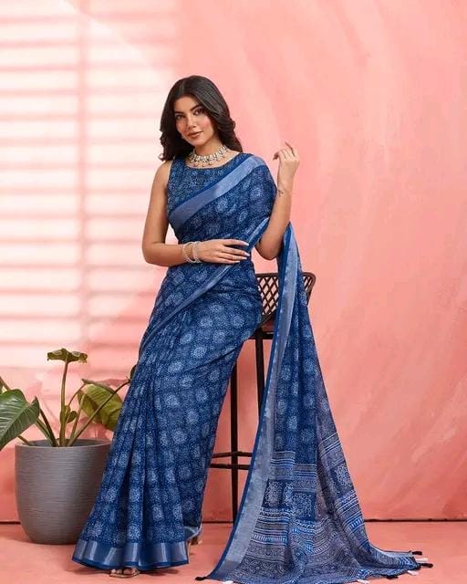 Women fancy blue linen printed saree
