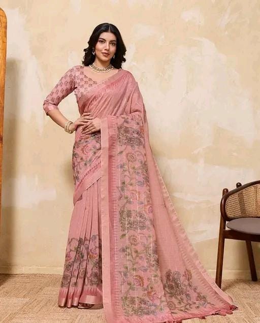 Fancy women print printed silk saree with blouse