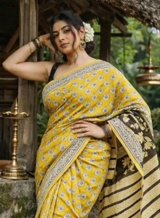 Hand block printed soft fancy cotton mulmul saree