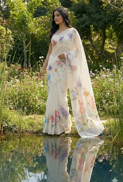 Women linen saree with floral digital print