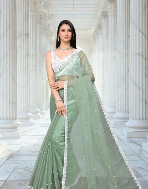 Women fancy supernet beads and stone saree with jackard blouse