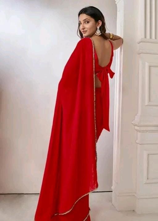 Women stylish pink colour plain pure fox georgette fabrics saree