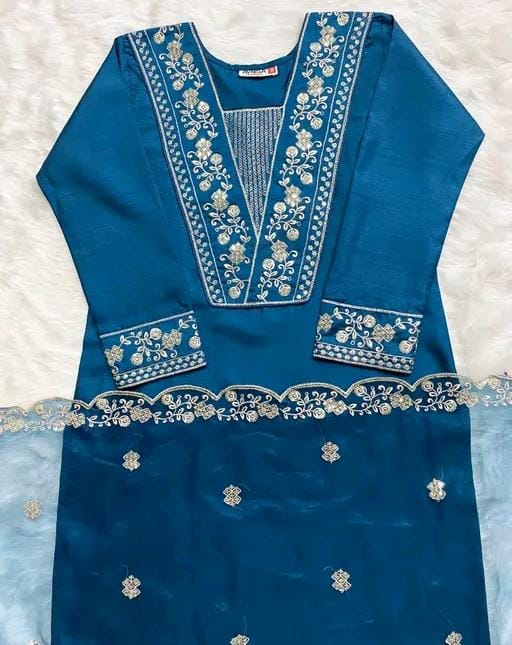 Rayon slub embroidered kurta set with dupatta