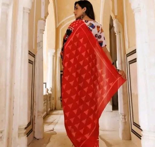 Hand block printed soft fancy cotton mulmul saree