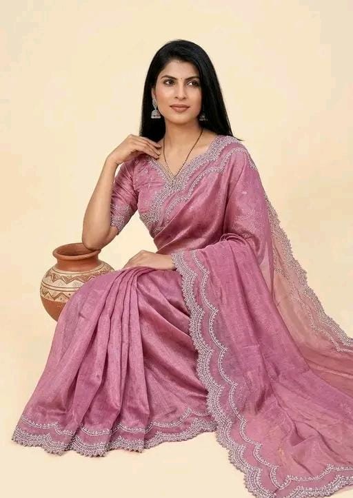 Wine pinkvsoft silk sareewith silver stone work border & designer blouse