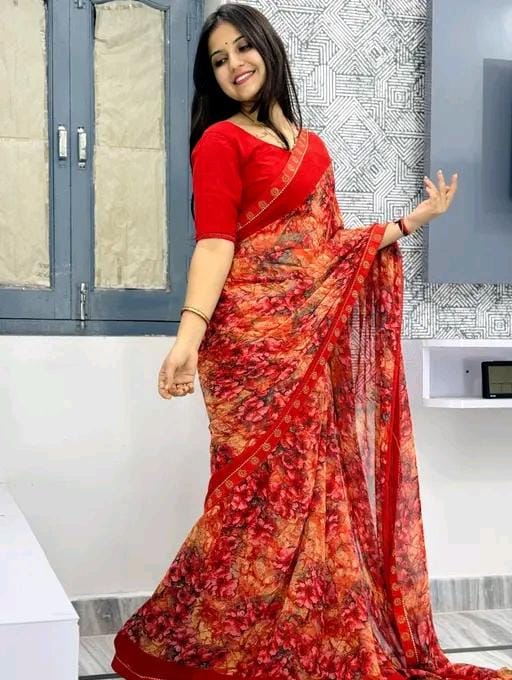 Georgette Printed Saree With lace border and blouse