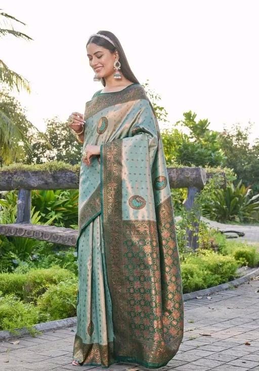Woven srlf design pista colour banarasi saree
