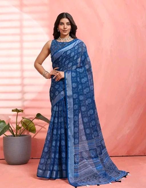 Women fancy blue linen printed saree