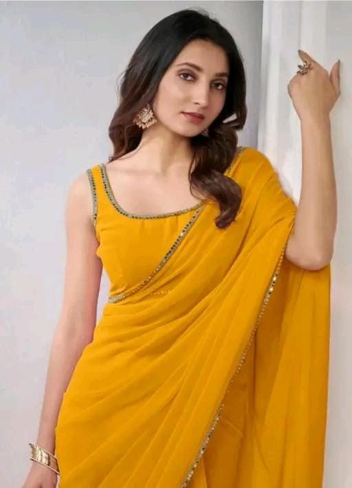 Women stylish pink colour plain pure fox georgette fabrics saree