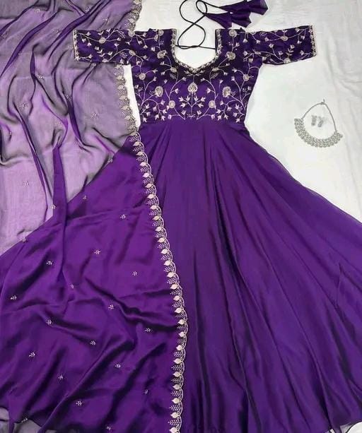 Women fancy silk anarkali gown with dupatta set