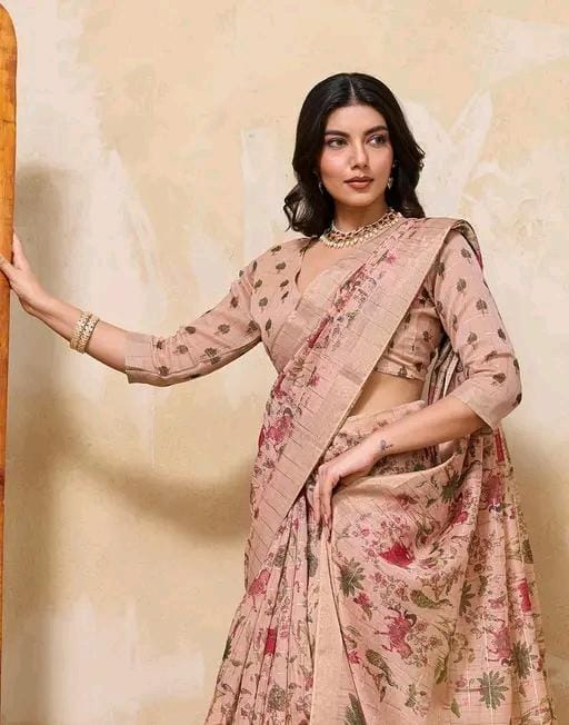 Fancy women print printed silk saree with blouse