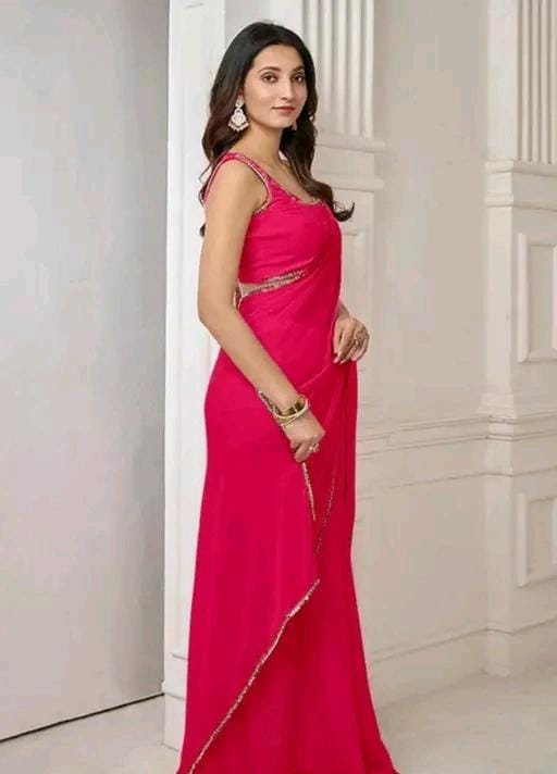 Women stylish pink colour plain pure fox georgette fabrics saree