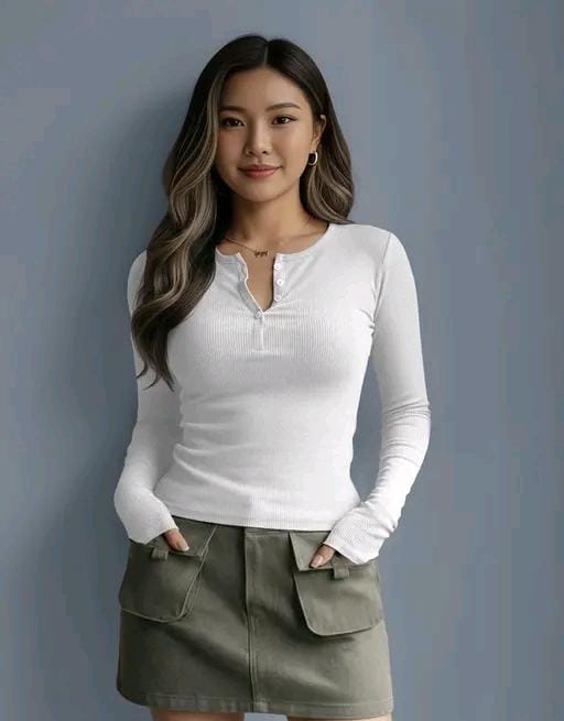 Casual polyester blend round neck with buttons long sleeves stylish top