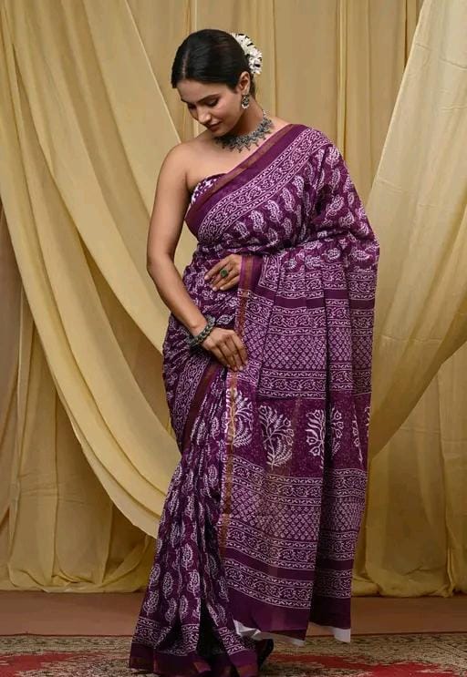 Jaipuri hand block printed soft cotton saree