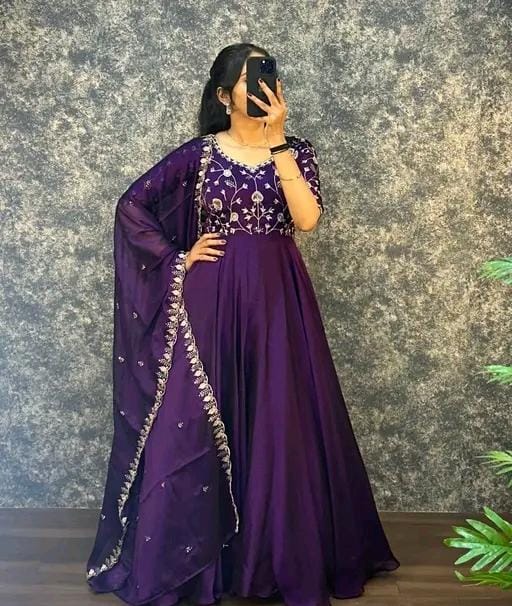Women fancy silk anarkali gown with dupatta set
