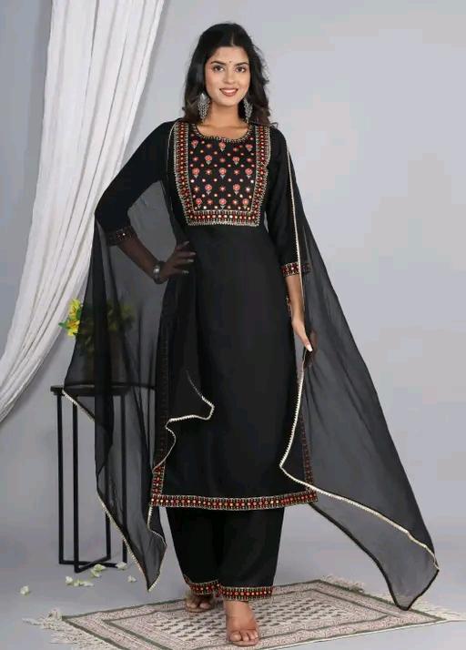 LVISH CRAFTS Women Rayon A-line Embroidred Long Kurti With Palazzos and Dupatta Set
