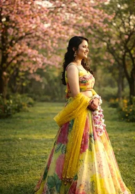 Modern womens printed semi haldi yellow colour lehenga