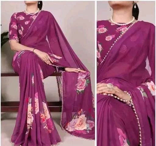 Print georgette saree with pearl lace border and matching blouse