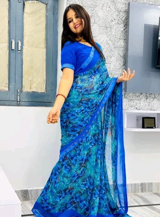 Georgette Printed Saree With lace border and blouse