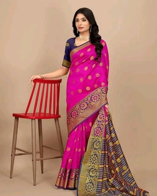 Festival wear pink banarasi silk sareewith golden polka dots