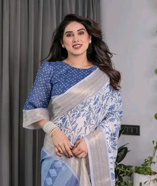Designer hadloom linen saree with floral design and zari work