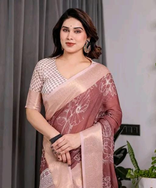 Pure handloom linen saree with zari broder & floral print