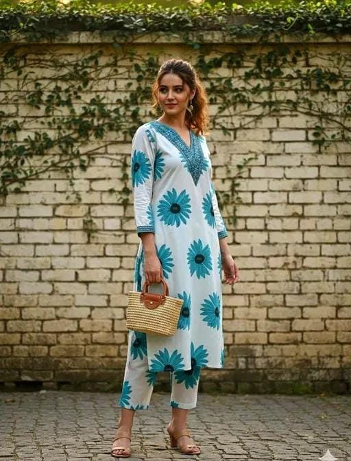 Women printed emnroidery gala kurti set with bottomwear