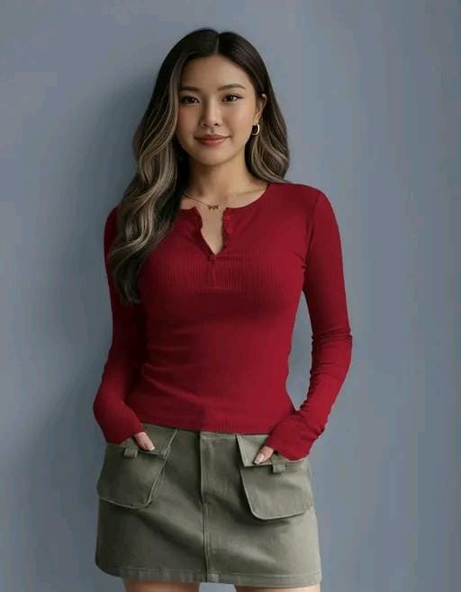 Casual polyester blend round neck with buttons long sleeves stylish top