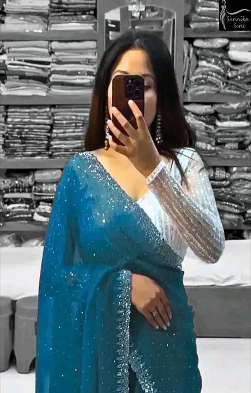 Georgette cutwork fancy diamond saree with blouse